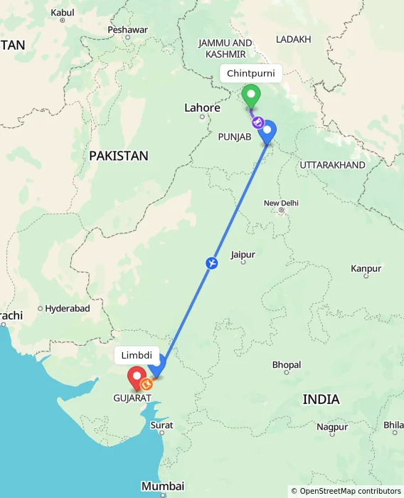 Route map showing distance and travel time from Chintpurni, India to Limbdi, India