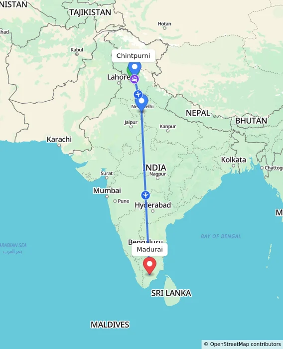Route map showing distance and travel time from Chintpurni, India to Madurai, India
