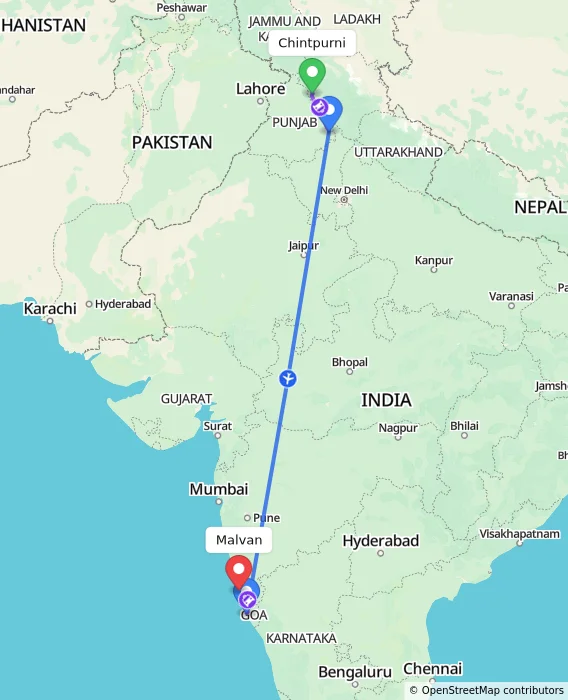 Route map showing distance and travel time from Chintpurni, India to Malvan, India