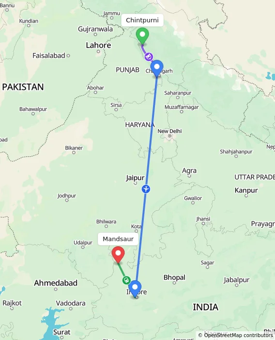 Route map showing distance and travel time from Chintpurni, India to Mandsaur, India