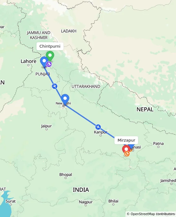 Route map showing distance and travel time from Chintpurni, India to Mirzapur, India