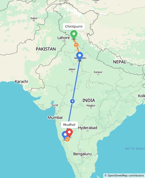 Route map showing distance and travel time from Chintpurni, India to Mudhol, India