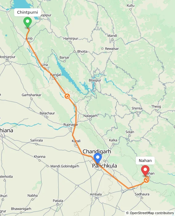 Route map showing distance and travel time from Chintpurni, India to Nahan, India