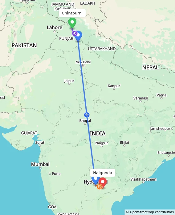 Route map showing distance and travel time from Chintpurni, India to Nalgonda, India