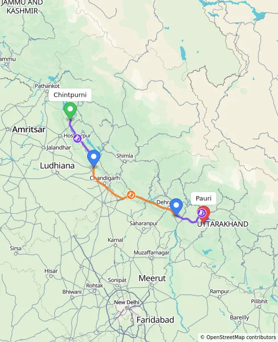 Route map showing distance and travel time from Chintpurni, India to Pauri, India