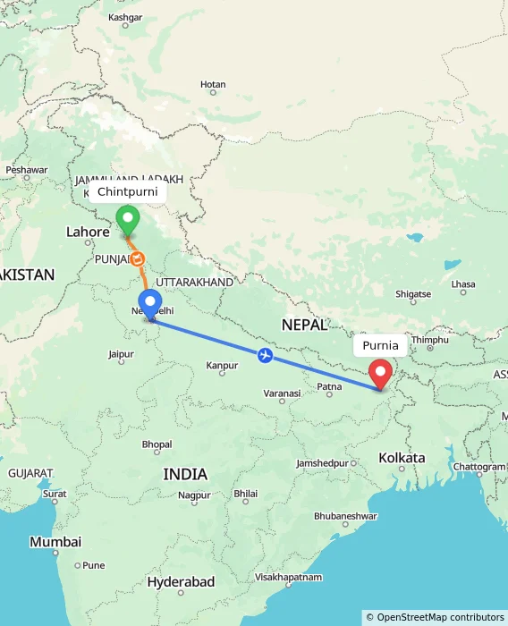 Route map showing distance and travel time from Chintpurni, India to Purnia, India