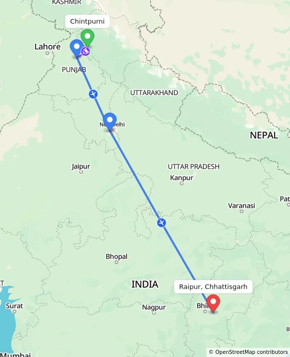 Route map showing distance and travel time from Chintpurni, India to Raipur, Chhattisgarh, India