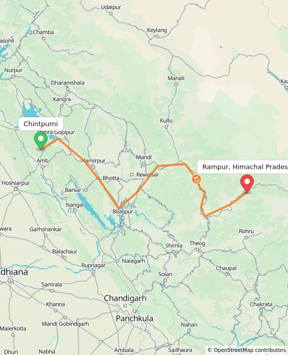 Route map showing distance and travel time from Chintpurni, India to Rampur, Himachal Pradesh, India