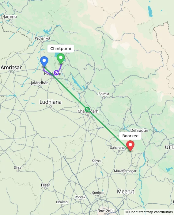 Route map showing distance and travel time from Chintpurni, India to Roorkee, India