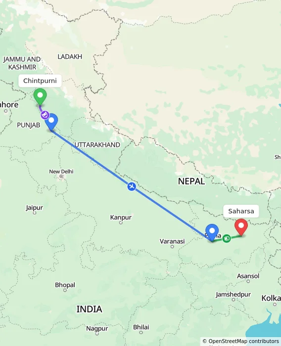 Route map showing distance and travel time from Chintpurni, India to Saharsa, India