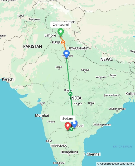 Route map showing distance and travel time from Chintpurni, India to Sedam, India