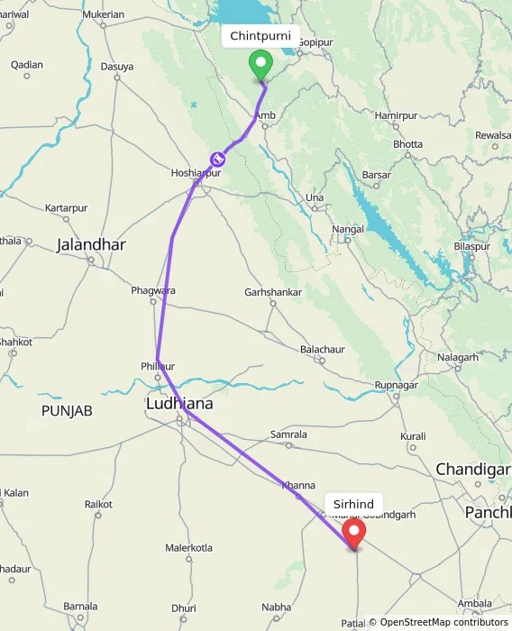 Route map showing distance and travel time from Chintpurni, India to Sirhind, India