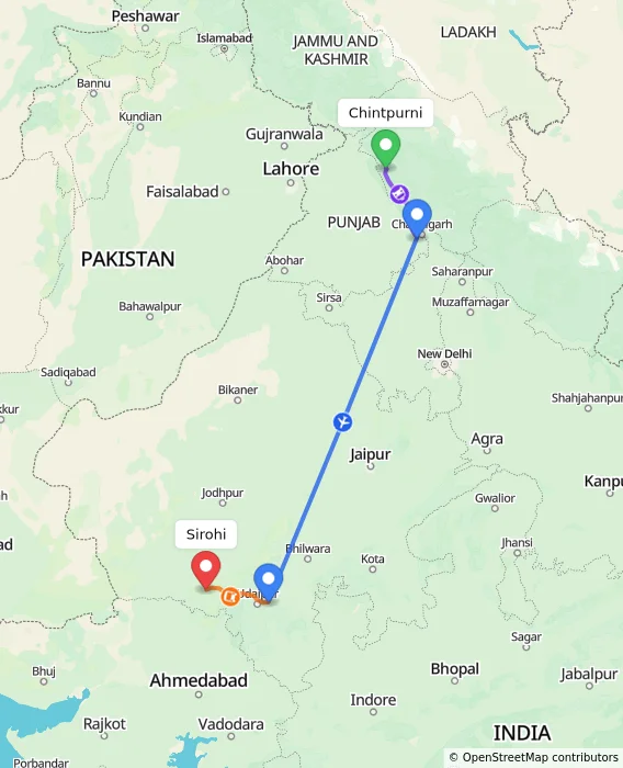 Route map showing distance and travel time from Chintpurni, India to Sirohi, India