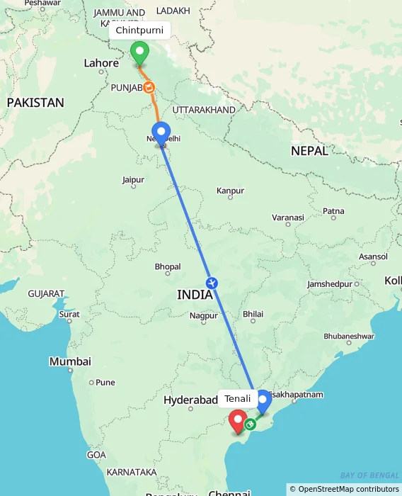 Route map showing distance and travel time from Chintpurni, India to Tenali, India