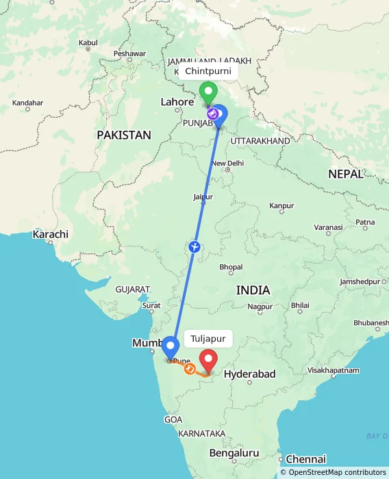 Route map showing distance and travel time from Chintpurni, India to Tuljapur, India