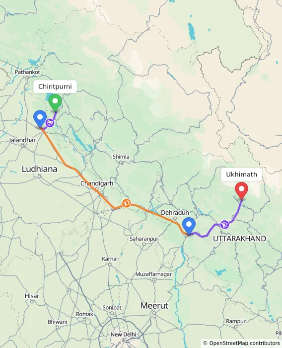 Route map showing distance and travel time from Chintpurni, India to Ukhimath, India