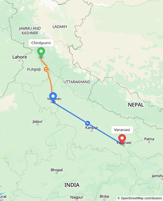 Route map showing distance and travel time from Chintpurni, India to Varanasi, India