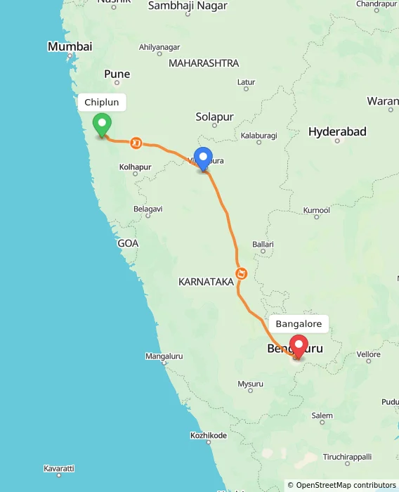 Route map showing distance and travel time from Chiplun, India to Bangalore, India