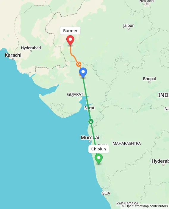 Route map showing distance and travel time from Chiplun, India to Barmer, India