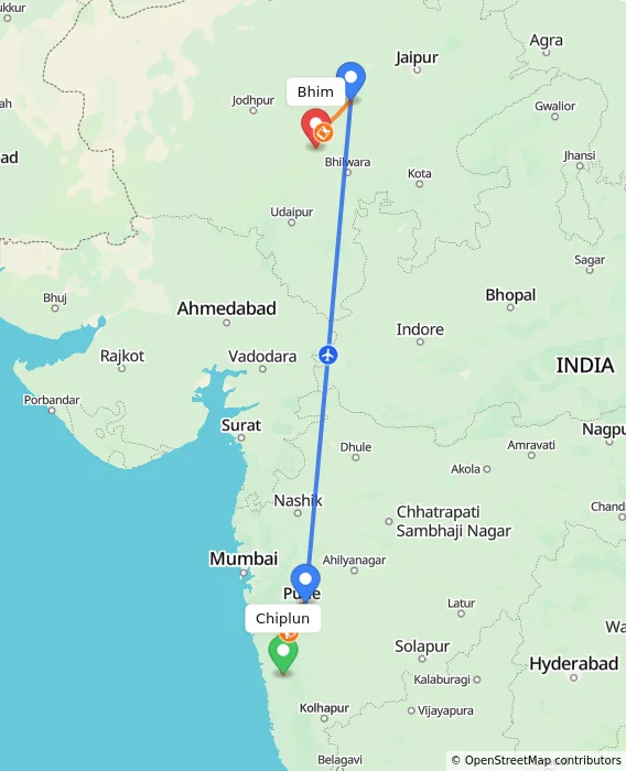Route map showing distance and travel time from Chiplun, India to Bhim, India