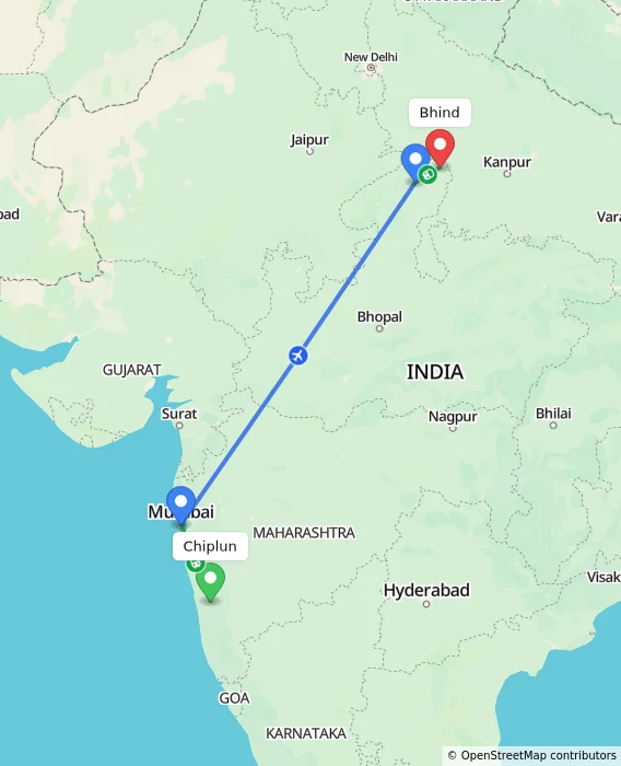 Route map showing distance and travel time from Chiplun, India to Bhind, India