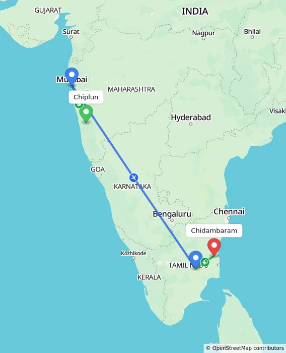 Route map showing distance and travel time from Chiplun, India to Chidambaram, India