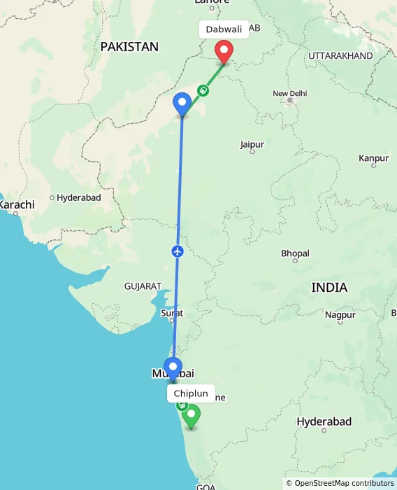 Route map showing distance and travel time from Chiplun, India to Dabwali, India