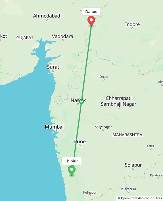 Route map showing distance and travel time from Chiplun, India to Dahod, India