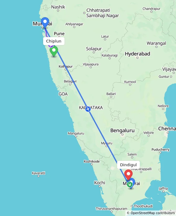 Route map showing distance and travel time from Chiplun, India to Dindigul, India