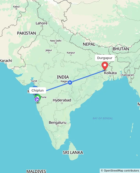 Route map showing distance and travel time from Chiplun, India to Durgapur, India
