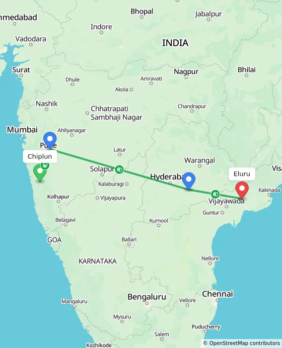 Route map showing distance and travel time from Chiplun, India to Eluru, India