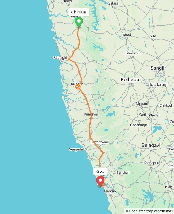 Route map showing distance and travel time from Chiplun, India to Goa, India