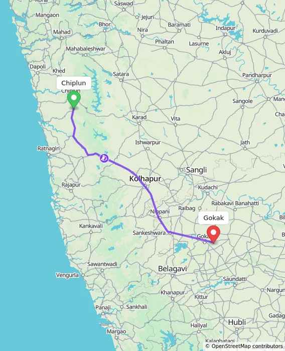 Route map showing distance and travel time from Chiplun, India to Gokak, India