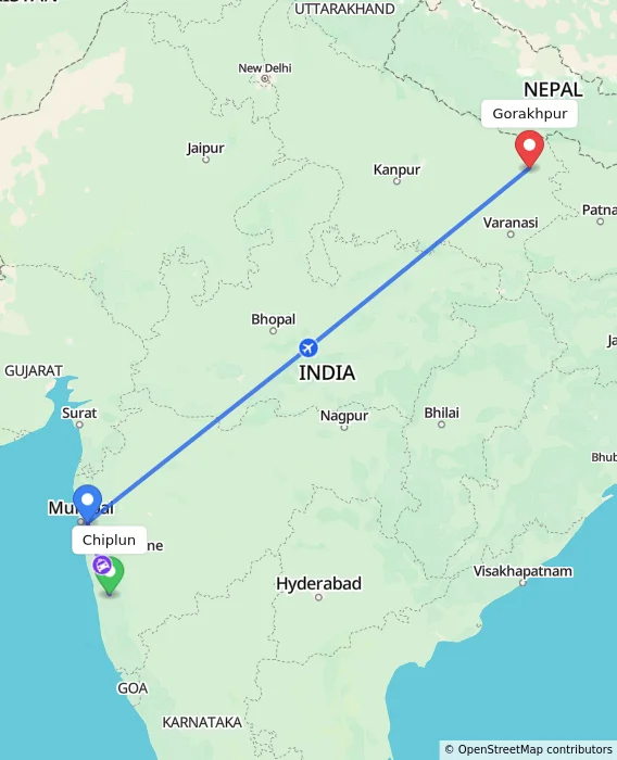 Route map showing distance and travel time from Chiplun, India to Gorakhpur, India
