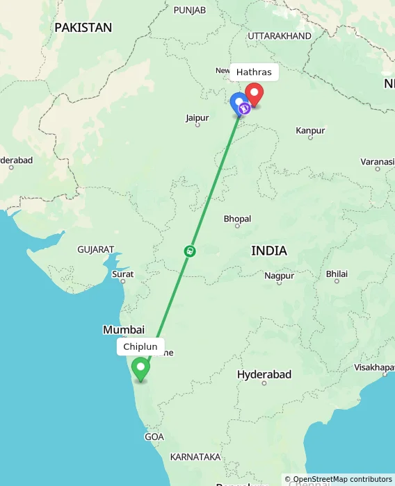 Route map showing distance and travel time from Chiplun, India to Hathras, India