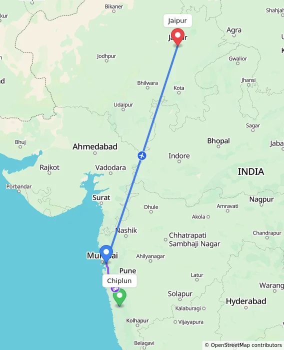 Route map showing distance and travel time from Chiplun, India to Jaipur, India