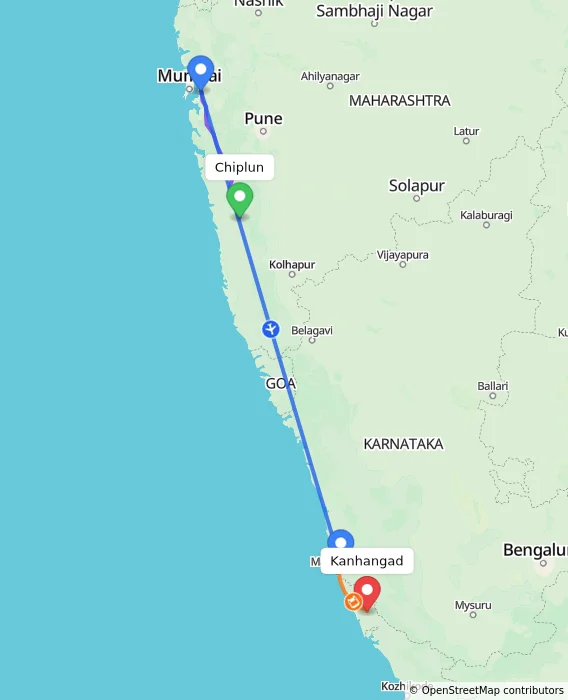 Route map showing distance and travel time from Chiplun, India to Kanhangad, India