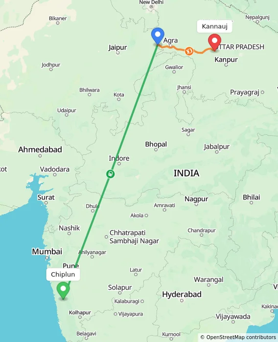 Route map showing distance and travel time from Chiplun, India to Kannauj, India