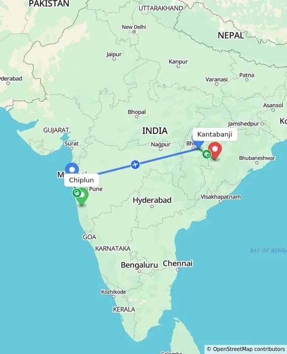 Route map showing distance and travel time from Chiplun, India to Kantabanji, India