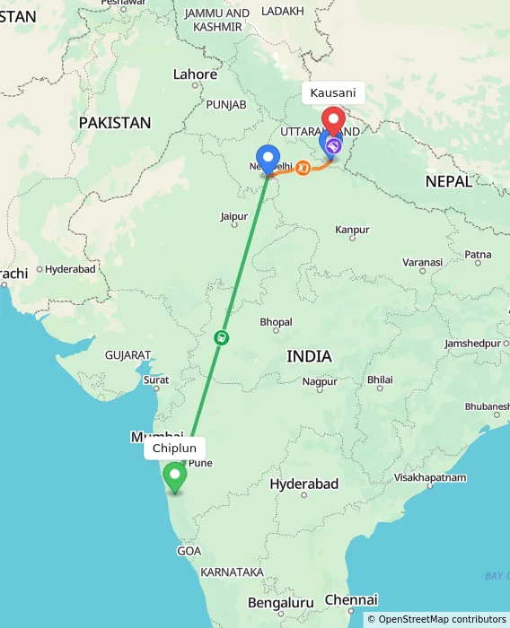 Route map showing distance and travel time from Chiplun, India to Kausani, India