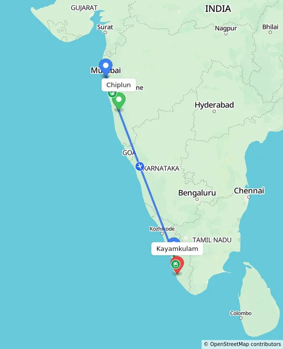 Route map showing distance and travel time from Chiplun, India to Kayamkulam, India