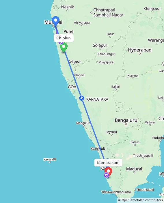 Route map showing distance and travel time from Chiplun, India to Kumarakom, India