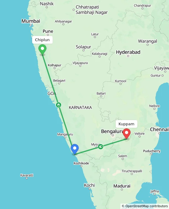 Route map showing distance and travel time from Chiplun, India to Kuppam, India