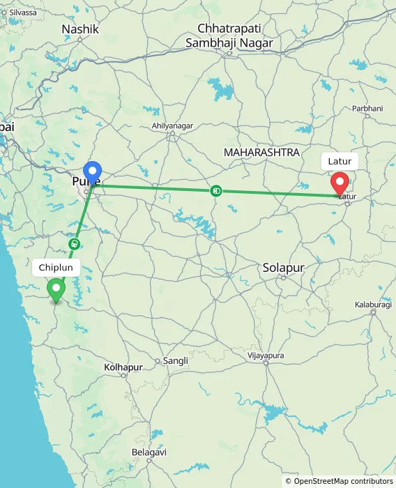 Route map showing distance and travel time from Chiplun, India to Latur, India