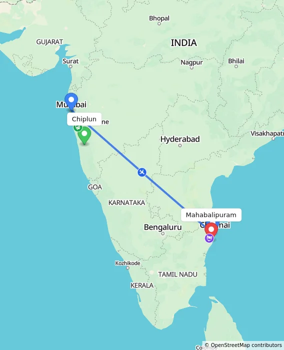 Route map showing distance and travel time from Chiplun, India to Mahabalipuram, India