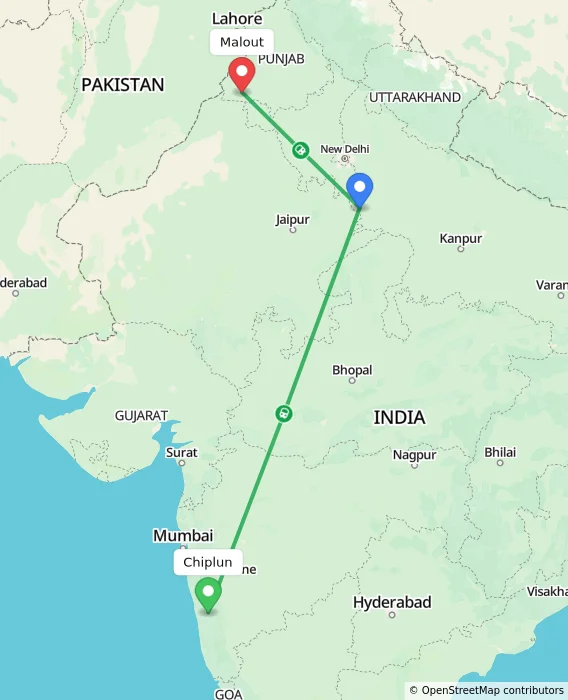 Route map showing distance and travel time from Chiplun, India to Malout, India