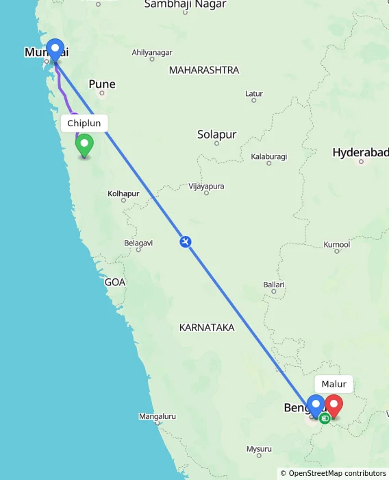 Route map showing distance and travel time from Chiplun, India to Malur, India