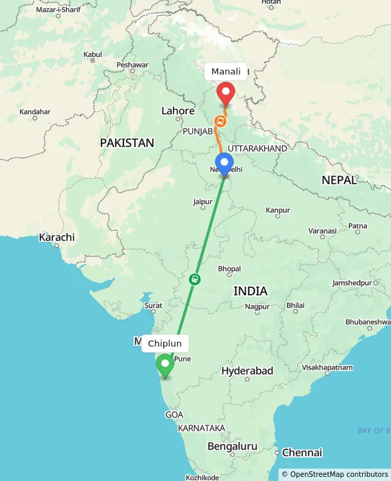 Route map showing distance and travel time from Chiplun, India to Manali, India