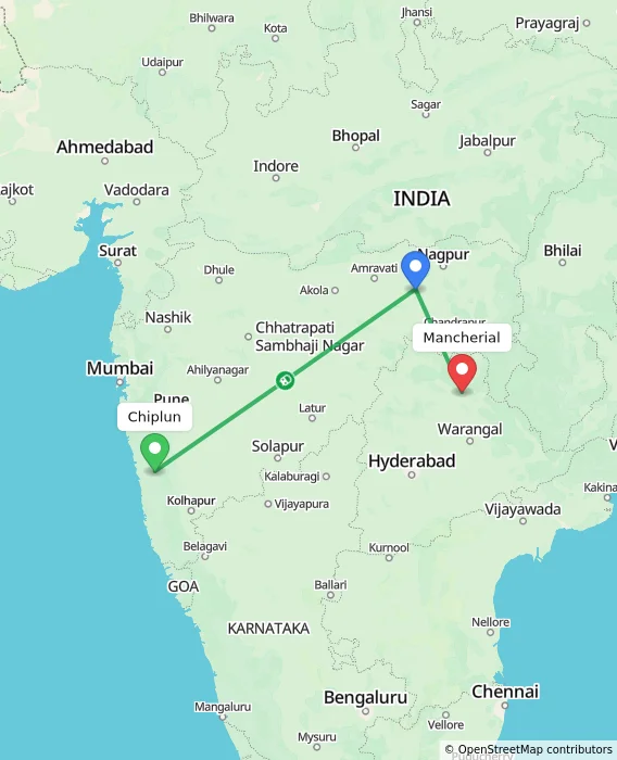 Route map showing distance and travel time from Chiplun, India to Mancherial, India