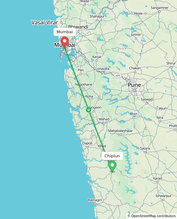 Route map showing distance and travel time from Chiplun, India to Mumbai, India